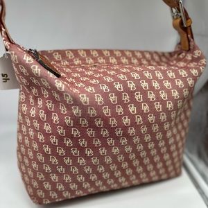 VTG Dooney & Bourke Signature Fabric Hobo Bag Rust with Beige Leather Trim